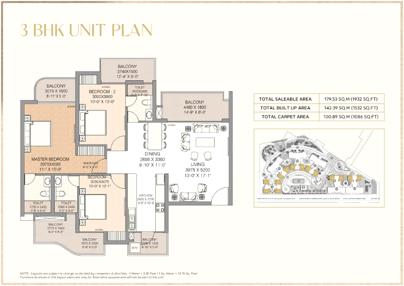 3 BHK - 1932 sq.ft. Floor Plan