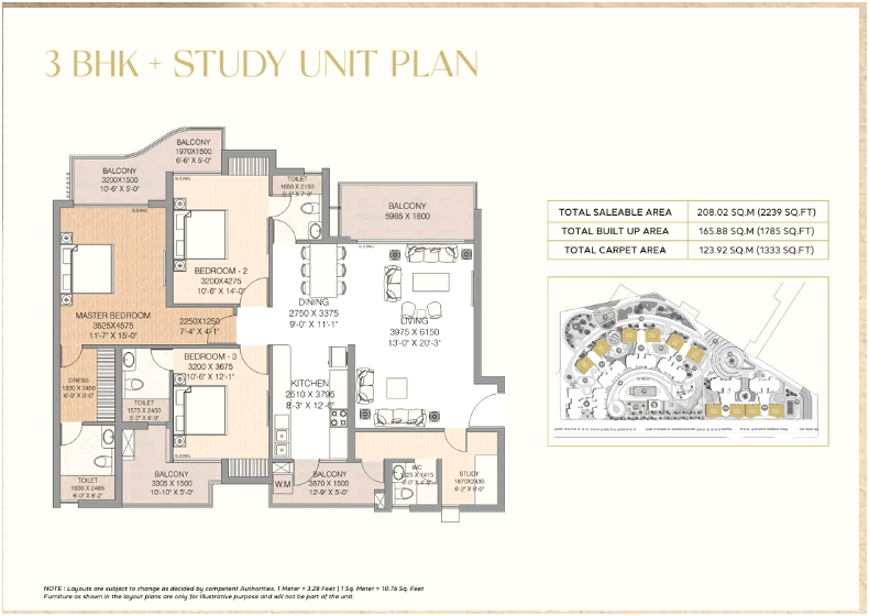 3 BHK + Study - 2239 sq.ft. Floor Plan