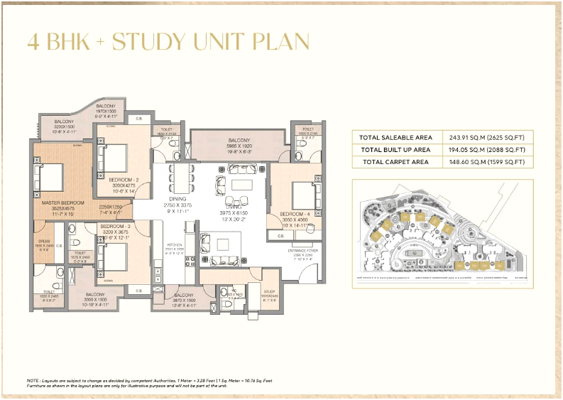 4 BHK + Study - 2625 sq.ft. Floor Plan